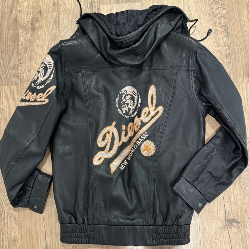 Vintage Diesel Hooded Black Leather Jacket with Orange Accents